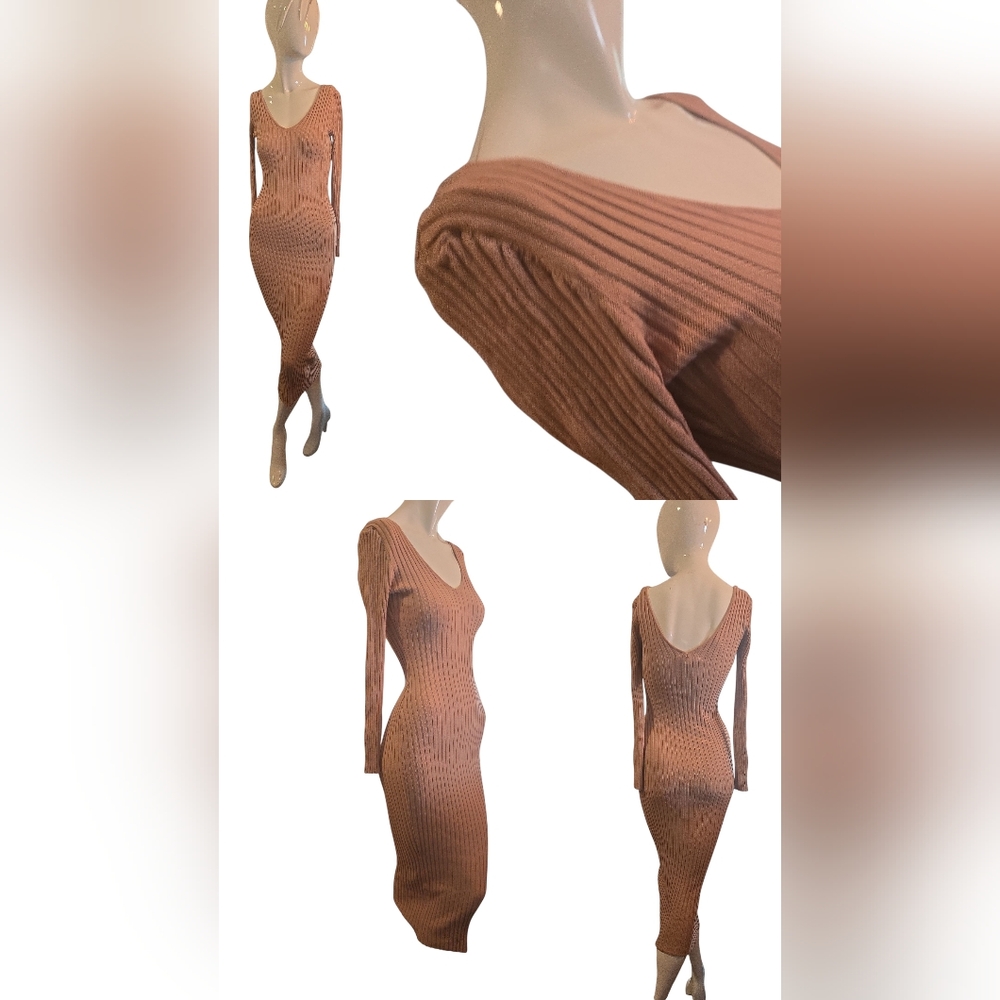 Hera Collection Tanβ Ribbed Knit V Neck Midi Dress ~ Small